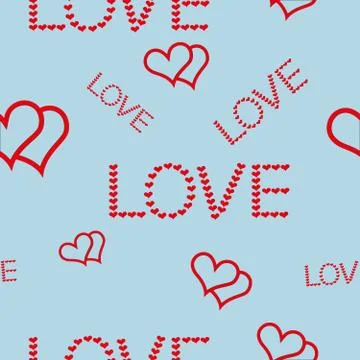 Two hearts and inscriptions of different sizes Love on a blue background. Stock Illustration