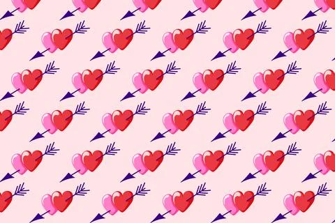 Two hearts with arrow seamless pattern. Valentines Day background in cartoon Stock Illustration