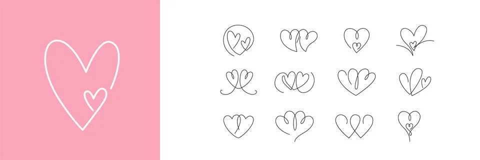Two hearts continuous one line draw vector illustration set. Hearts couple, love Stock Illustration