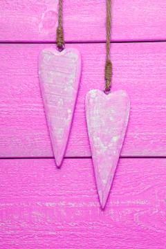 Two Hearts With Copy Space, Pink Wooden Background, Vertical Image Stock Photos