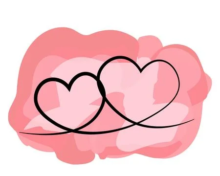 Two hearts drawn together with one line in watercolor Stock Illustration