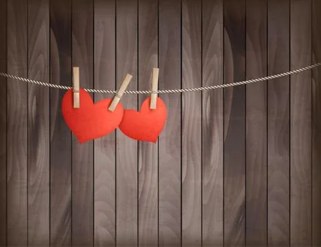 Two hearts hanging on a rope in front of wooden background. valentine's day v Stock Illustration