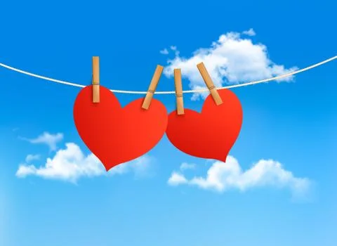Two hearts hanging on a rope in front of a sky. valentine's day vector. Stock Illustration