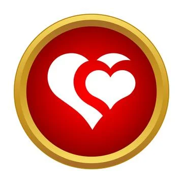 Two hearts icon inside a red gold round emblem Stock Illustration