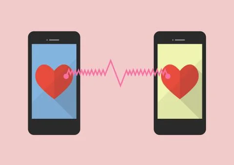 Two hearts icon was connected by two smartphones Stock Illustration