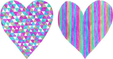 Two hearts made of colored pencil and  isolated on white background. Stock Illustration