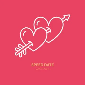 Two hearts pierced by arrow line icon. Vector logo for romantic evening Stock Illustration