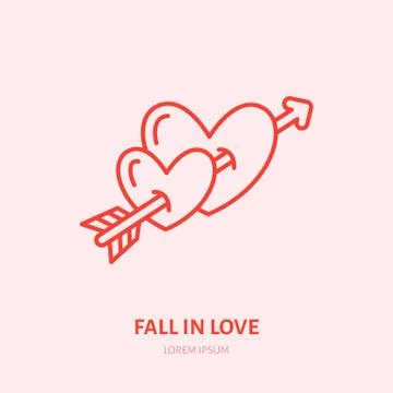 Two hearts pierced by illustration. Fall in love flat line icon, romantic Stock Illustration