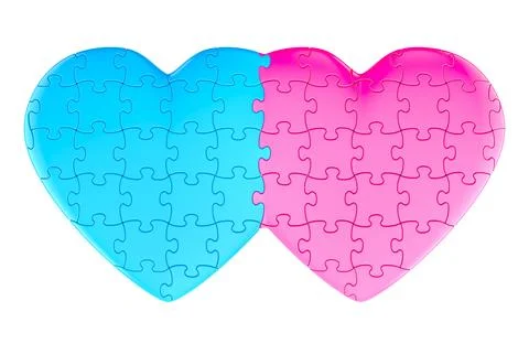 Two Hearts from puzzles connected, 3D rendering Stock Illustration