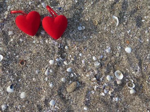 Two hearts on the sand with seashells. Stock Photos