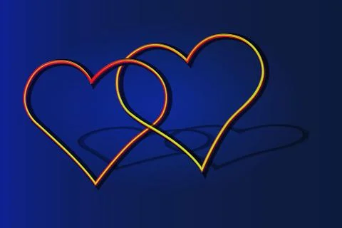 Two hearts sign. Vector. Blue gradient contour icon at grayish background wit Stock Illustration