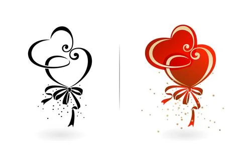 Two hearts with two colors variation, monochrome and red gold gradient. Stock Illustration