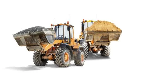 Two heavy front loaders or bulldozers on a white isolated background. Sand .. Stock-Fotos