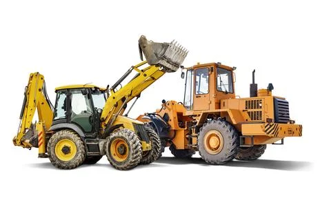 Two heavy front loaders or bulldozers on a white isolated background. Constru Stock-Fotos