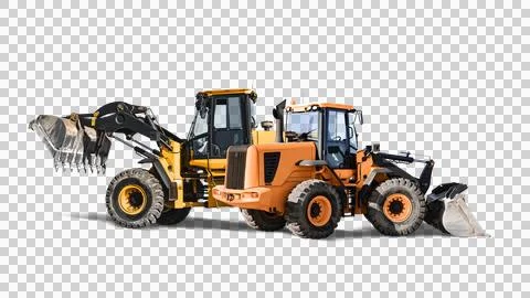 Two heavy front loaders or bulldozers on a white isolated background. Constru Foto stock