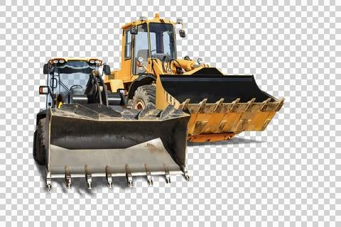 Two heavy front loaders or bulldozers on a white isolated background. Constru Foto stock