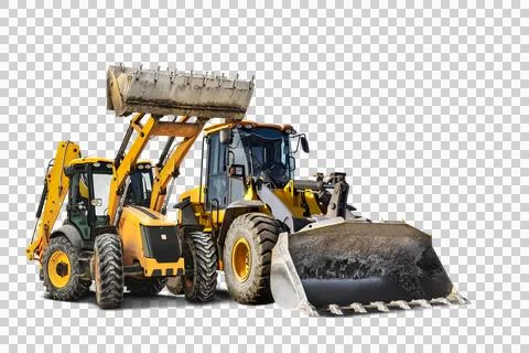 Two heavy front loaders or bulldozers on a white isolated background. Constru Stock Photos