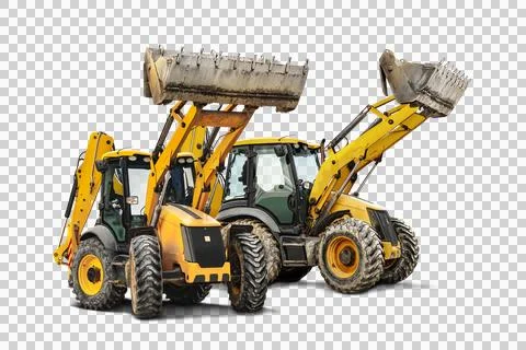 Two heavy front loaders or bulldozers on a white isolated background. Constru Stock Photos