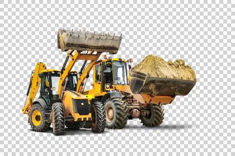 Two heavy front loaders or bulldozers on a white isolated background. Constru 스톡 사진