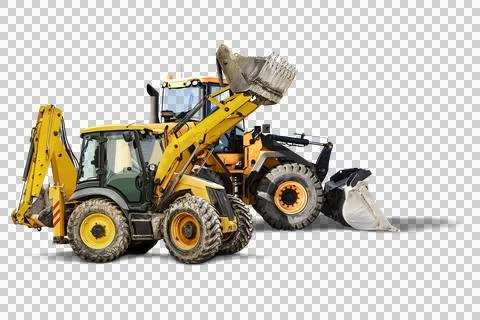 Two heavy front loaders or bulldozers on a white isolated background. Constru Stock Photos