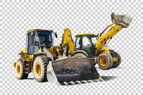 Two heavy front loaders or bulldozers on a white isolated background. Constru Foto stock