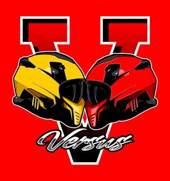 Two helmets on opposite sides of the letter v Stock Illustration