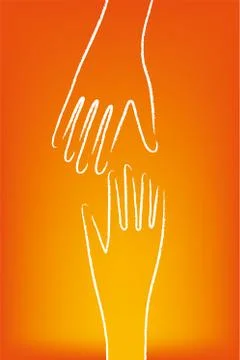 Two helping hands over orange background. Lineal drawing. Stock Illustration