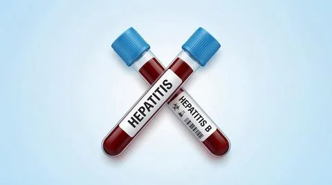 Two hepatitis b blood test tubes crossed showing biohazard symbol on light .. Stock Illustration