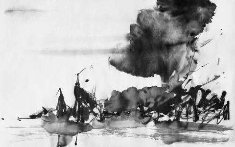 Two herons stand in the lake in the thickets. Sumi-e. Illustrazione stock