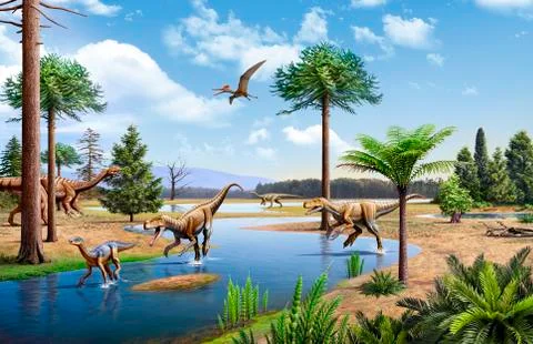 Two Herrerasaurus dinosaurs chasing a Silesaurus down a stream. Stock Illustration