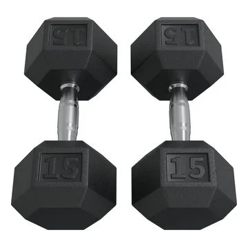 Two Hex Dumbbells with number 15, weightlifting gym equipment top view Stock Illustration