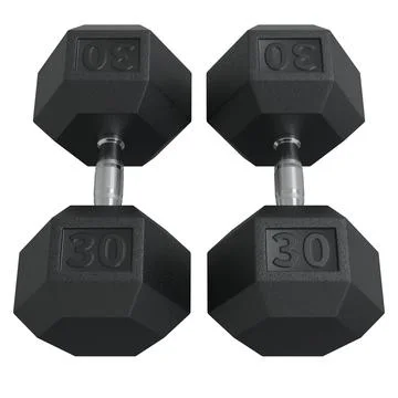 Two Hex Dumbbells with number 30, weightlifting gym equipment top view Stock Illustration