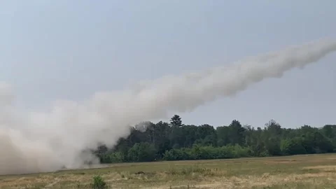 Two High mobility artillery rocket system HIMARS launch rockets in tandem Stock Footage 257553165