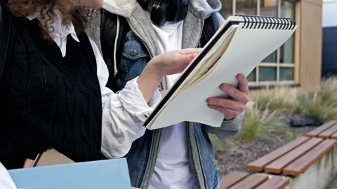 Two high school students, a guy and a girl, are sitting on a bench and Stock Footage 229249948