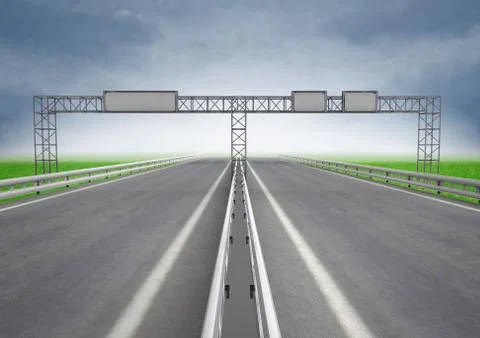 Two highway tracks with signpost on construction illustration Stock Illustration
