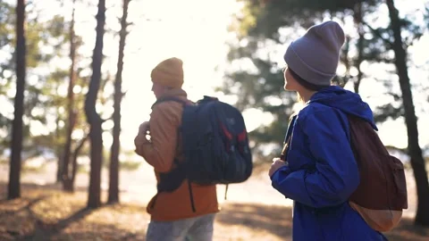Two hiker work as a team. with backpacks walking in winter in a forest park in Video stock 287248827
