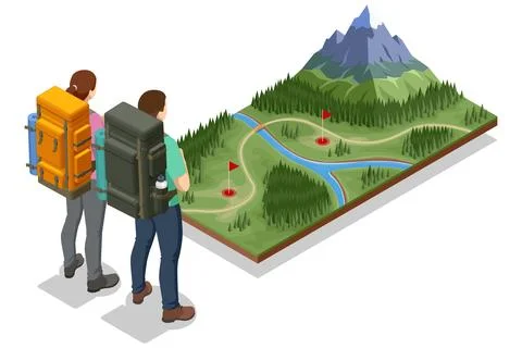 Two hikers with backpacks looking at a 3D hiking map with trails, rivers, flags Stock Illustration