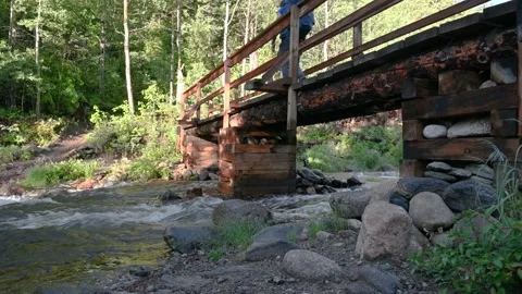 Two Hikers Cross a Stream using a Bridge Vídeos de archivo 157075932
