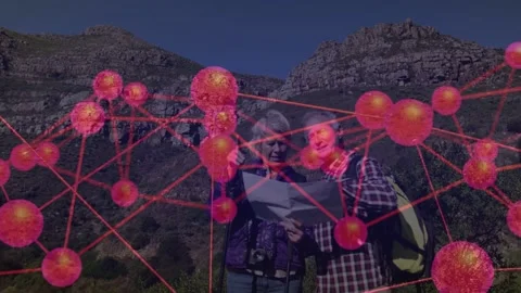 Two hikers reading map right hiker pointing pink overlay obscuring subjects Stock Footage 333368460