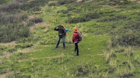 Two hikers standing on grassy hillside, looking around and searching direction Stock Footage 333471436