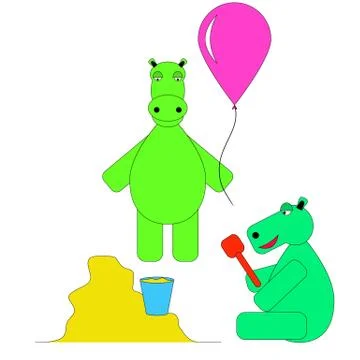 Two Hippo play in the sandbox and balloon Stock Illustration