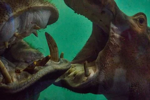 Two hippos opened their mouths underwater Stock Photos
