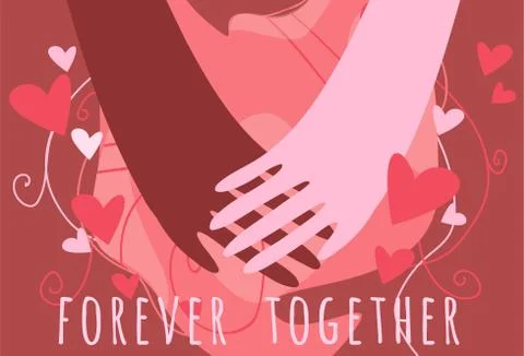 Two holding hands different skin colors on an abstract background with hearts.  イラスト素材