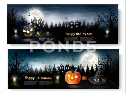 Two Holiday Halloween Banners With Pumpkins And Moon. Vector