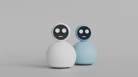 Two home assistant robots with face screen white and light blue on gray bac.. Stock Illustration