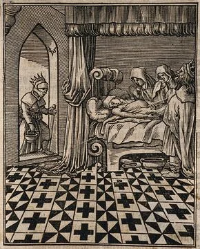 Two hooded figures and a king grieve over a dead person while a masked woma.. Stock Illustration