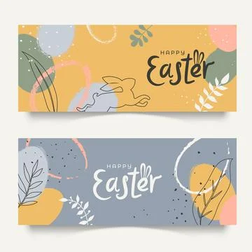 Two horizontal banners with hand drawn Easter decorations in pastel colors... Stock Illustration
