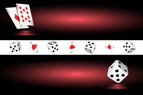 Two horizontal banners with playing cards and dice in a casino on a dark red Stock Illustration