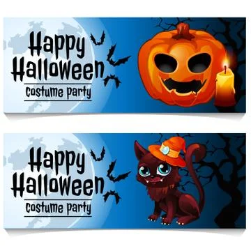 Two horizontal cards on the theme of the Halloween holiday. Vector illustration. Stock Illustration