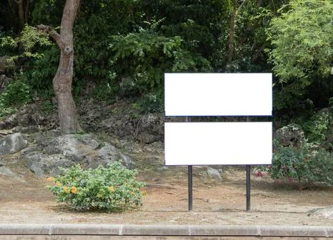 Two horizontal empty blank board mockup on a pole in a forest. Copy space f.. Stock Photos